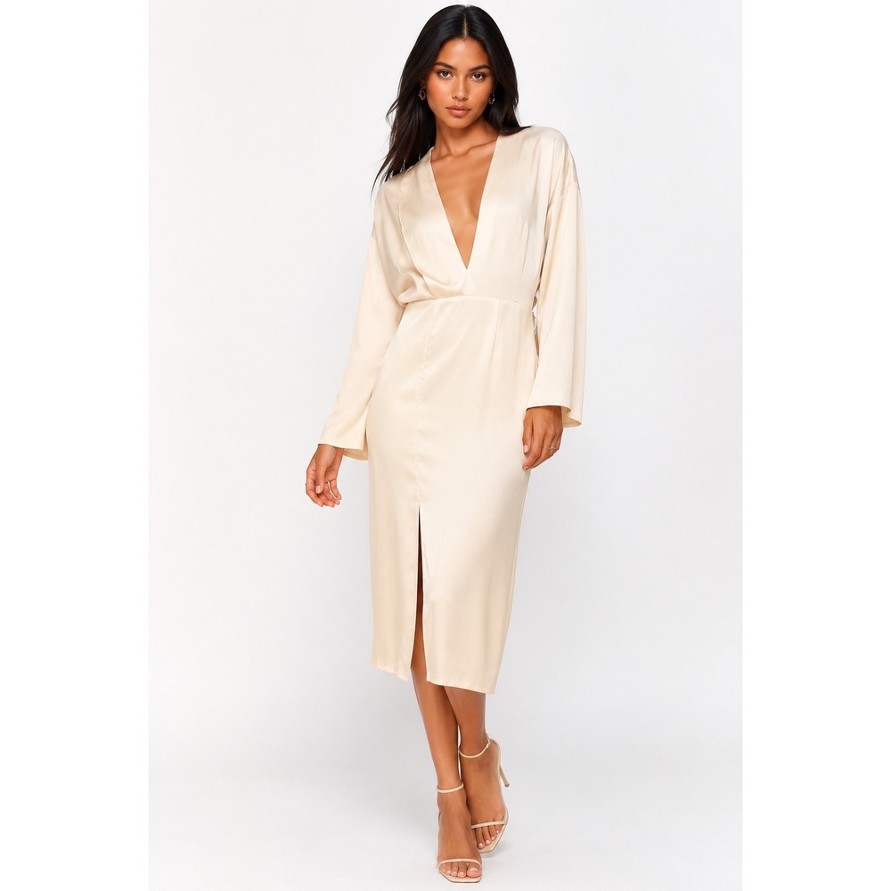 H&M Conscious Exclusive Cream Lyocell Deep V-Neck Midi Dress Sizeβ 6 NWT